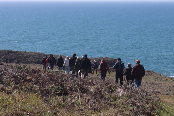 A hiking group walks along ocean bluffs