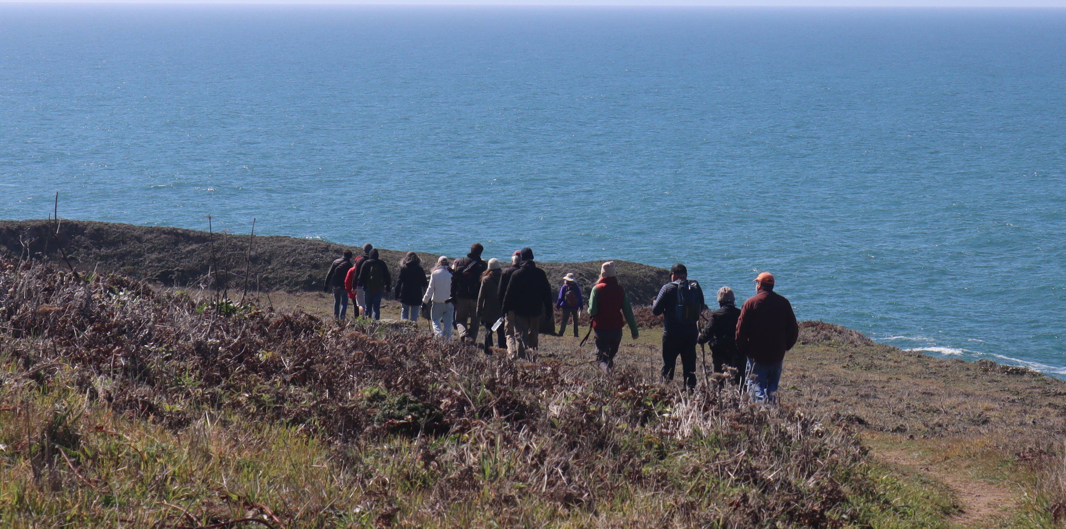 A hiking group walks along ocean bluffs