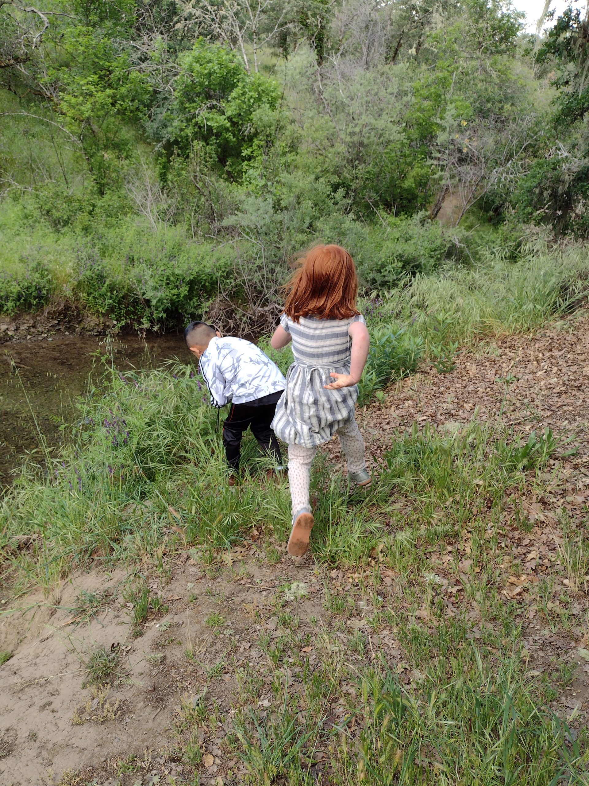 two 5 year olds exploring a creek area