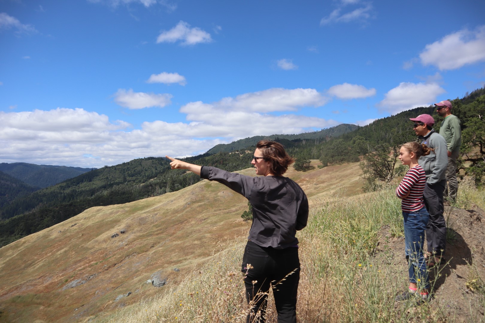 MLT's Director of Stewardship Points out over a beautiful grass covered hillside towards forested mountains along the Eel River