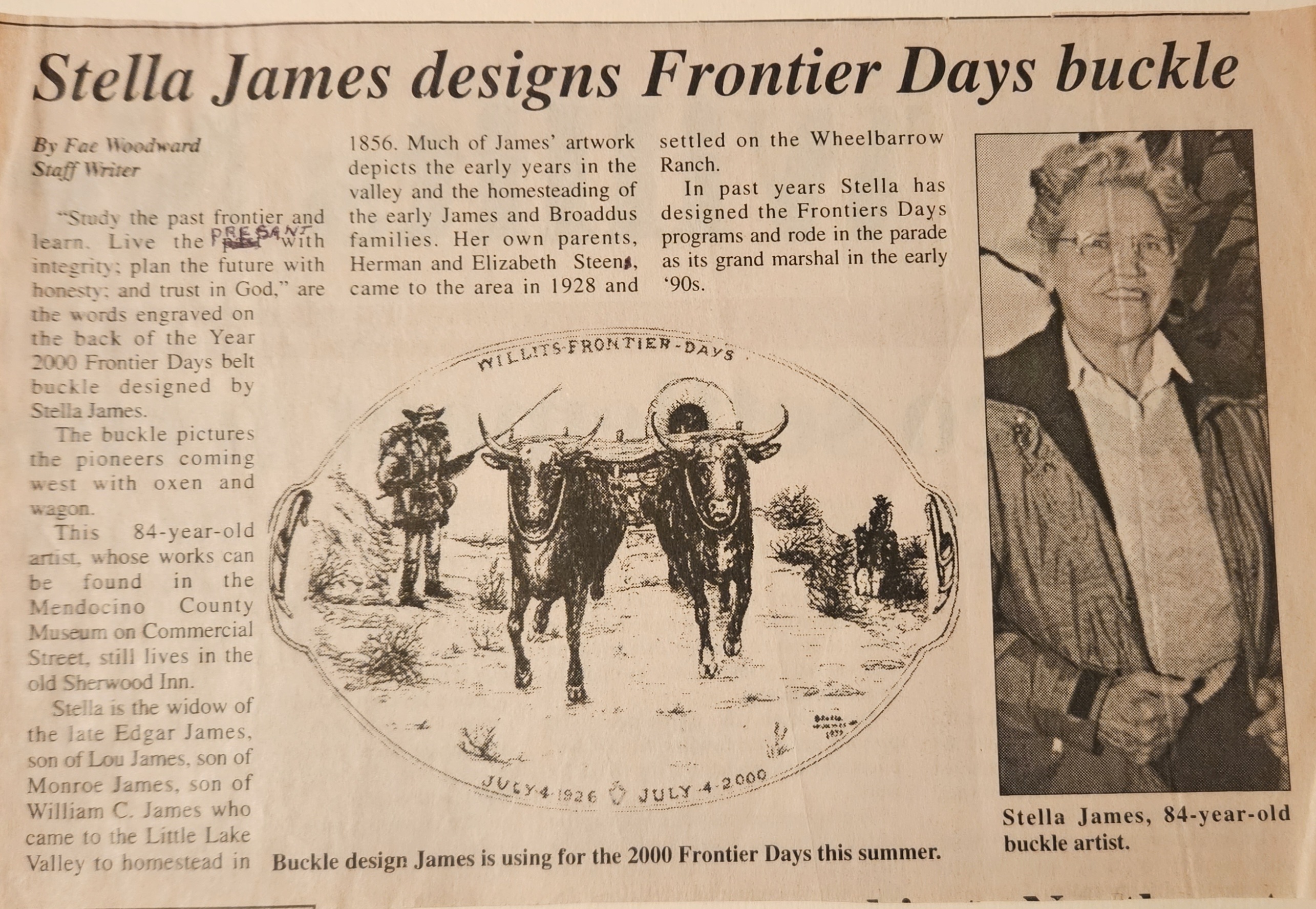 News article about Stella James and her artwork used to make a celebratory belt buckle. 