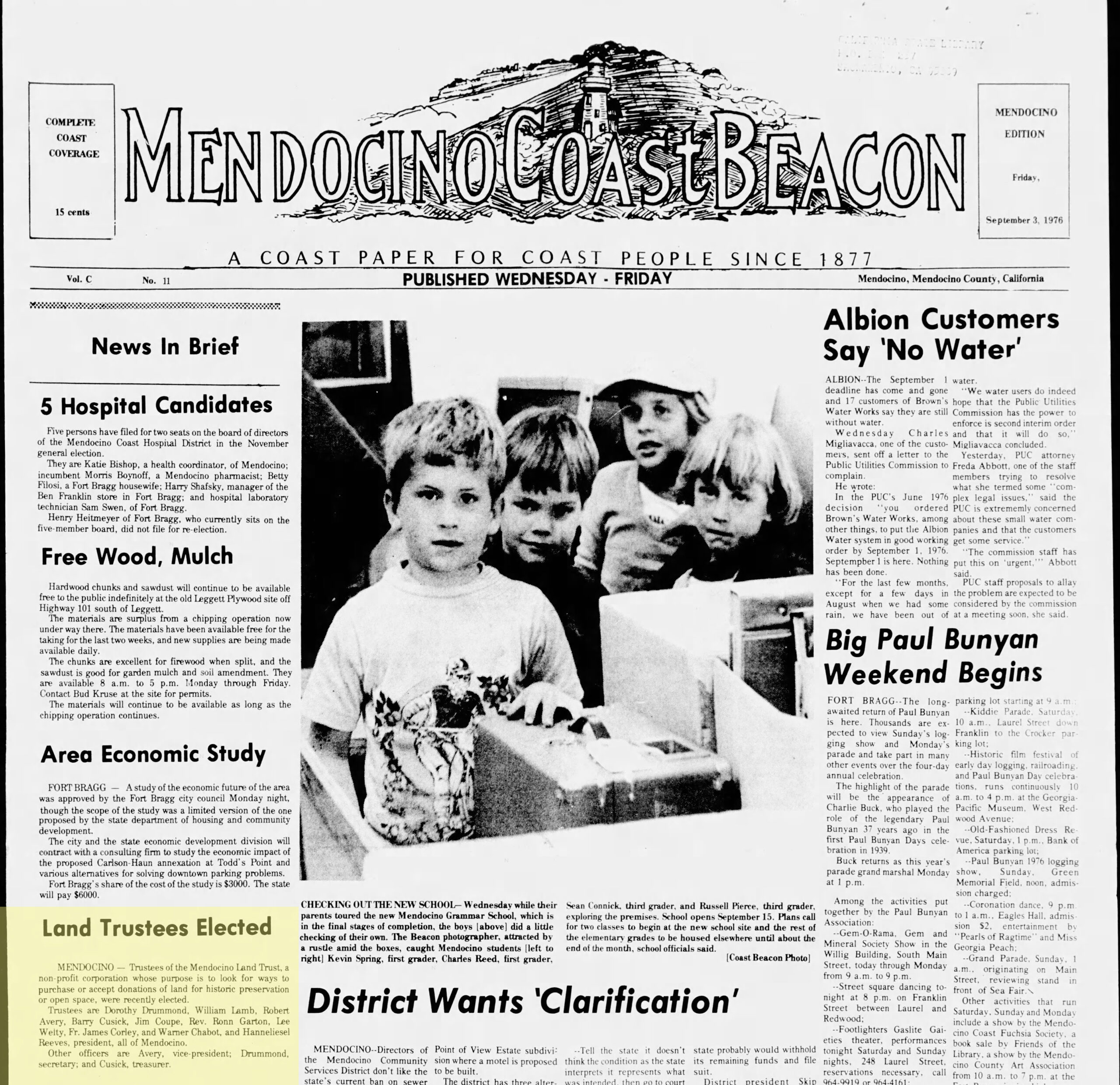 Short article from the Mendocino Coast Beacon from September 3, 1976, announcing the slate of new officers for the Mendocino Land Trust.