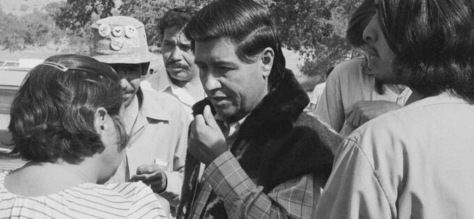 United Farm Workers President Cesar Chavez meets with supporters at the UFW headquarters in Keene, California