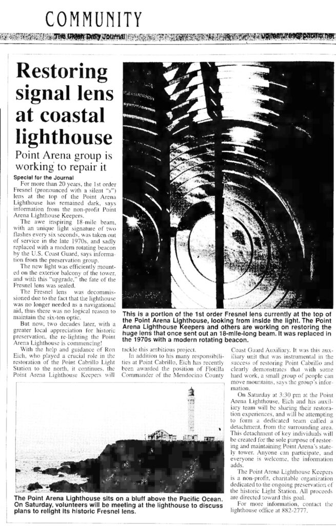 Story about Point Arena's lighthouse lens being repaired.